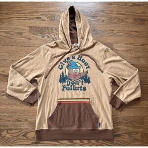 Landmark Project Unisex Hoodie Give a Hoot Don't Pollute Owl Brown XL Retro